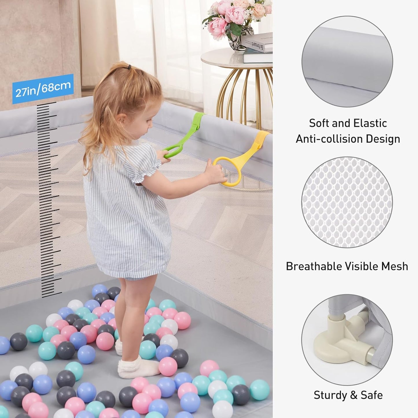 Baby Playpen, 79"Ć59" Play Pens for Babies and Toddlers, Safe Anti-Fall Play Yard with Gates, Baby Fence with Breathable Mesh, Indoor & Outdoor Kids Activity Center, Grey