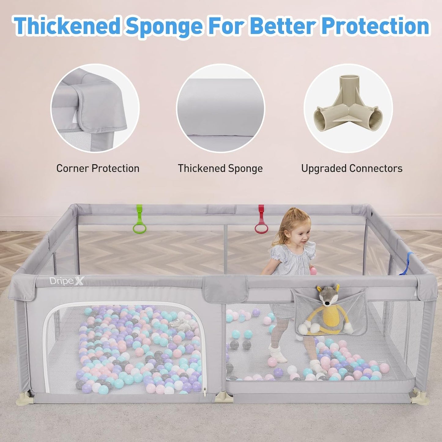Baby Playpen, 79"Ć59" Play Pens for Babies and Toddlers, Safe Anti-Fall Play Yard with Gates, Baby Fence with Breathable Mesh, Indoor & Outdoor Kids Activity Center, Grey
