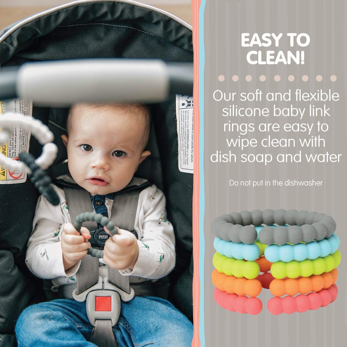 - Baby Silicone Links - Multi Use Baby Toy Rings - Attach Toys & Teethers to Stroller, Car Seat & More - Medical Grade Silicone, BPA Free & Phthalate Free
