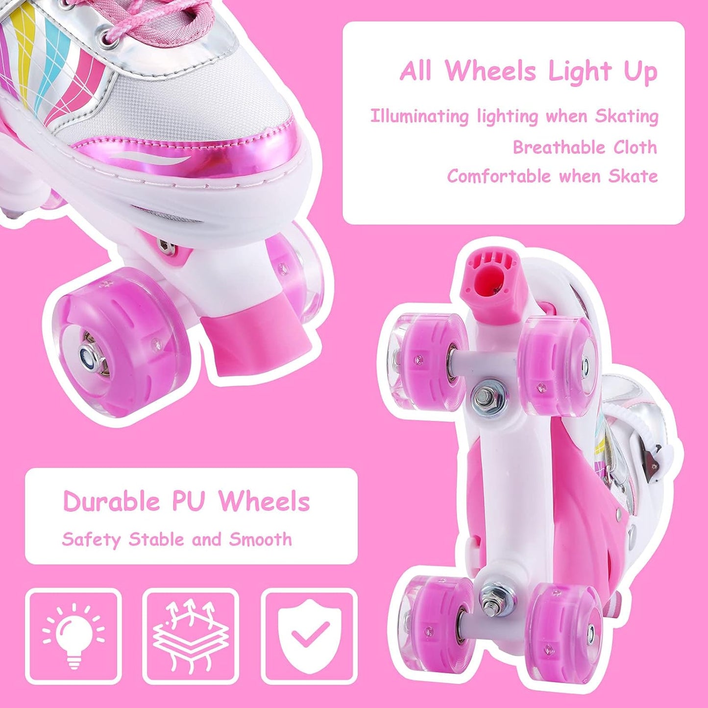 Kids Roller Skates Adjustable for Girls Boys Toddlers Youth, Pink 4 Size Adjustable Light up Roller Skates for Size 11J Todders to Size 7 Youth Women