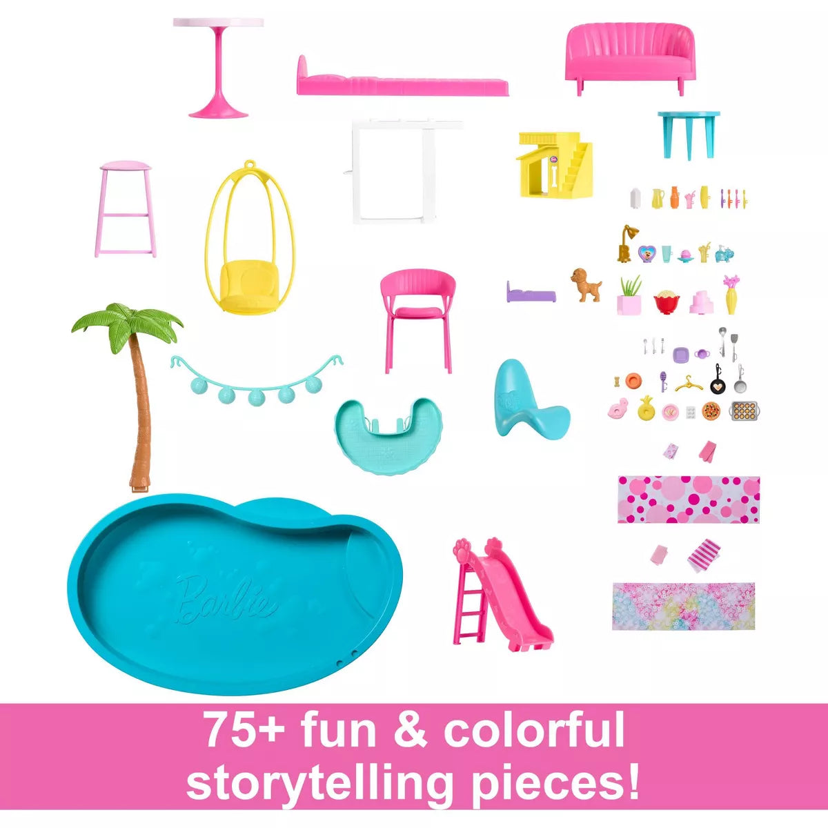 Barbie Dreamhouse Pool Party Doll House with 75+ Pc, 3 Story Slide: Adult Assembly, Fits 12 Inch Dolls