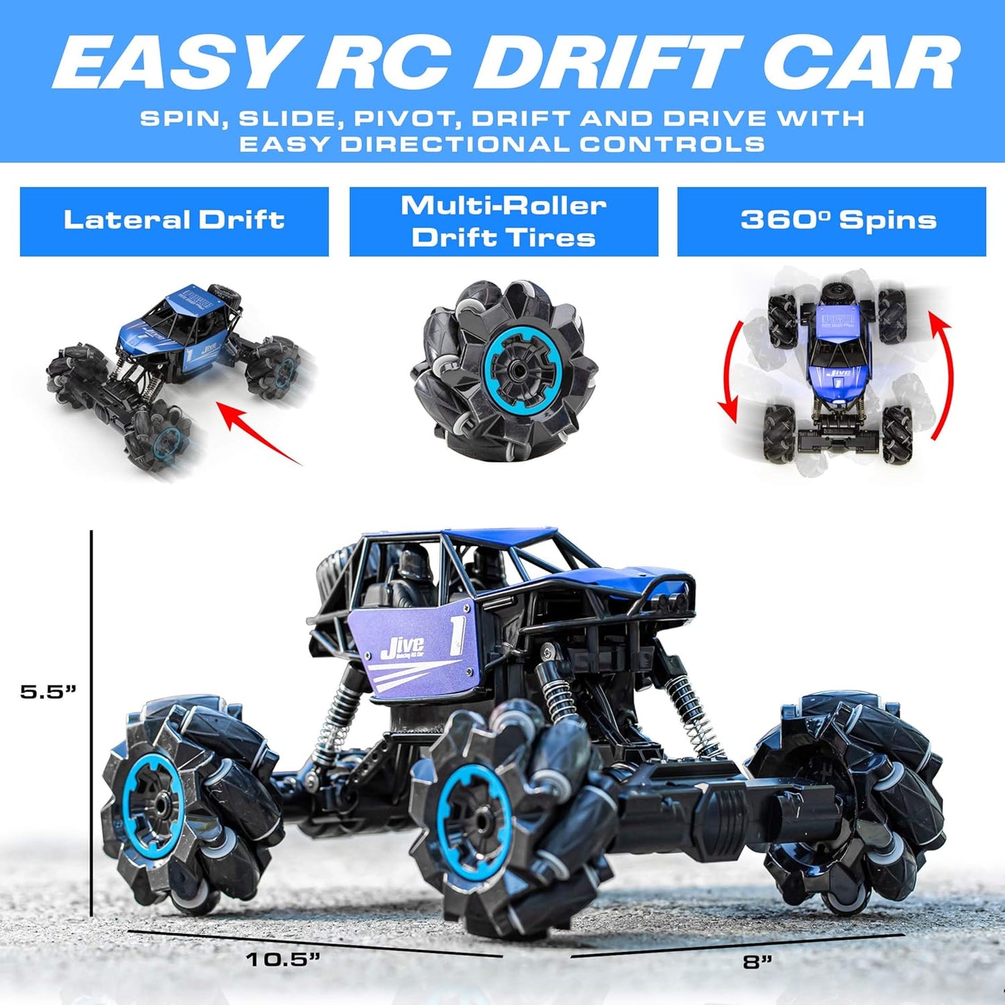 Jive RC Car - AWD Remote Control Monster Truck, 4X4 RC Truck, 1:16 Rechargeable Crawler Stunt Car Dancing Remote Control Truck for Kids with Rechargeable Toy Battery (Blue)
