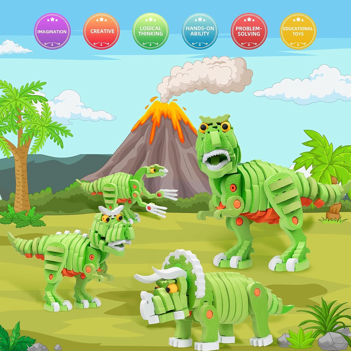 4-In-1 Dinosaur 3D Puzzles for Kids, Soft EVA 200 PCS Building Blocks STEM Construction Educational Toy for 8+ Year Old Kids Boys Girls