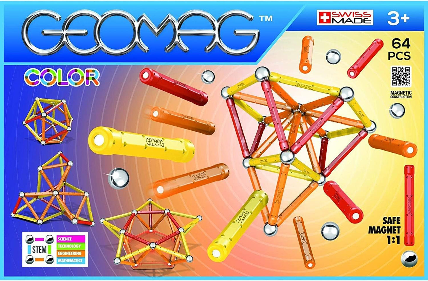 - COLOR - 64-Piece Magnetic Building Set, Certified STEM Construction Toy, Safe for Ages 3 and Up
