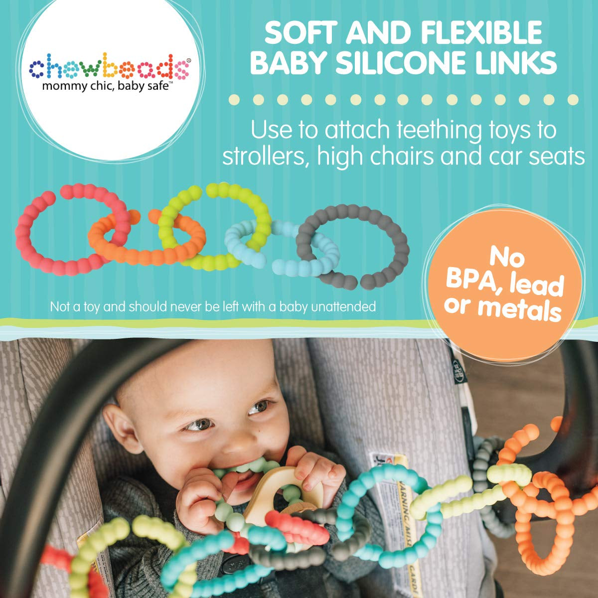 - Baby Silicone Links - Multi Use Baby Toy Rings - Attach Toys & Teethers to Stroller, Car Seat & More - Medical Grade Silicone, BPA Free & Phthalate Free