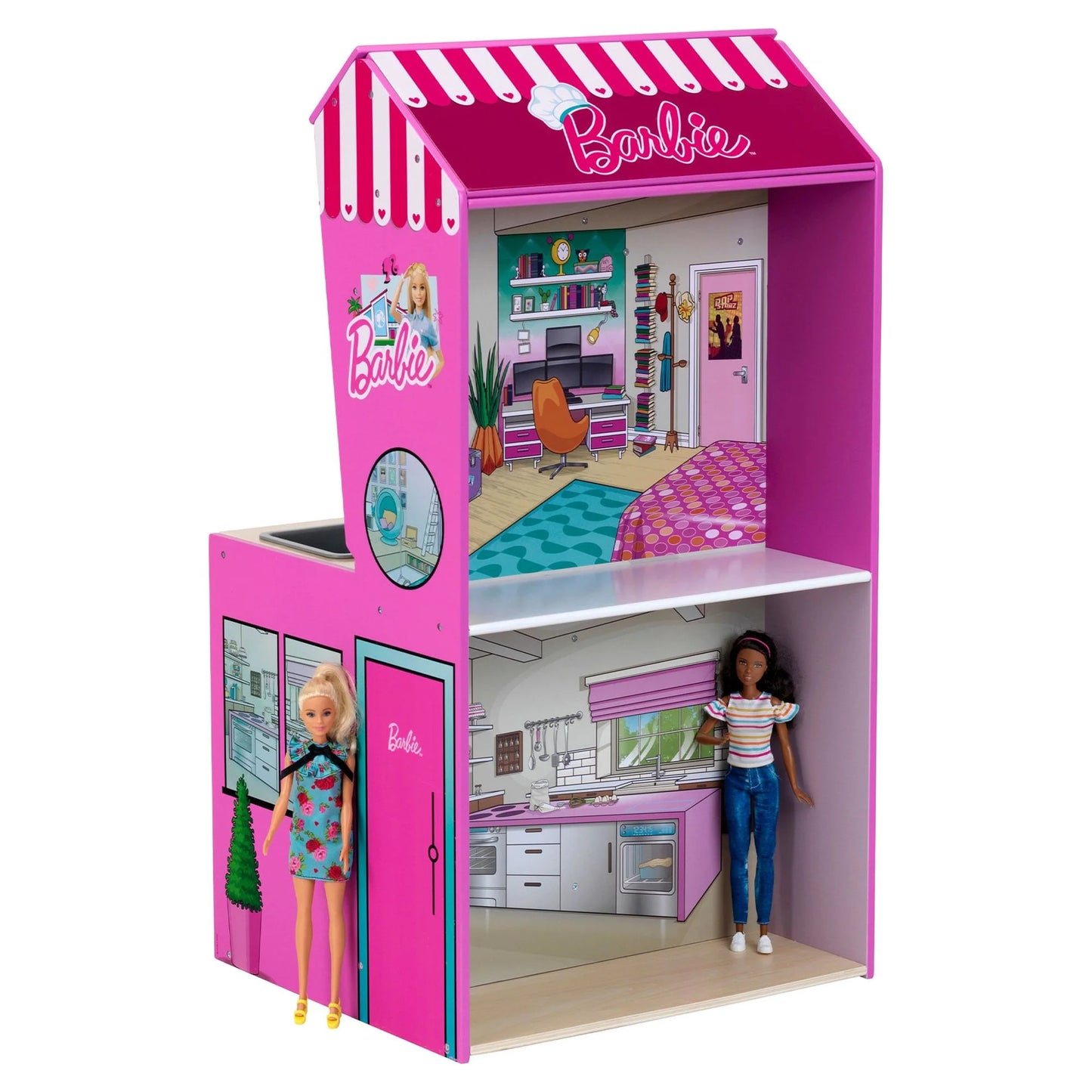 2 in 1 Barbie Toy Kitchen and Dollhouse for Kids 3 and Up
