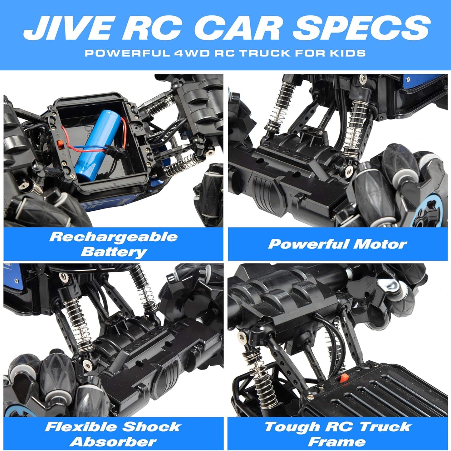 Jive RC Car - AWD Remote Control Monster Truck, 4X4 RC Truck, 1:16 Rechargeable Crawler Stunt Car Dancing Remote Control Truck for Kids with Rechargeable Toy Battery (Blue)