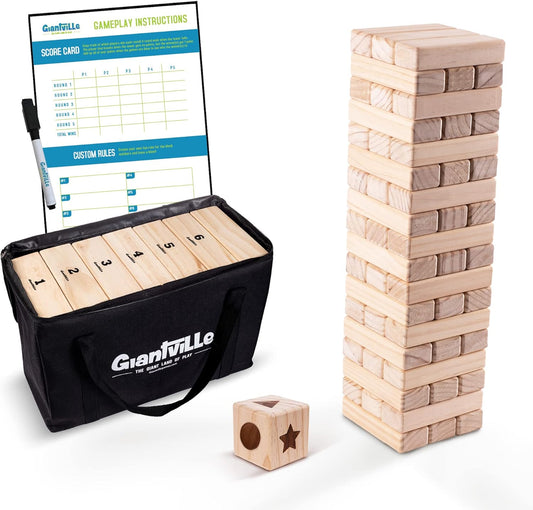 Giant Tumbling Timber Toy - Premium Pine Wood Life-Size Blocks Tower - Big Floor/Board Indoor/Outdoor Yard Game for Kids & Adults - 54-Pieces + Dice + Carry Bag - Grows to Almost 3-Feet
