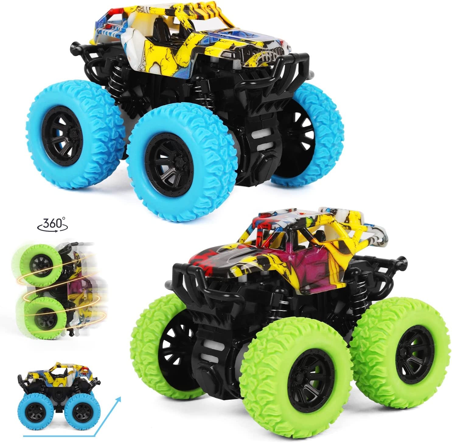 Monster Truck Toys for Ages 2-4, Friction Cars for Toddlers 1-3 Push and Go 360° Rotating Stunt Car for 2+ Year Old Boys Girls Gifts (2 Pack - Blue and Green)
