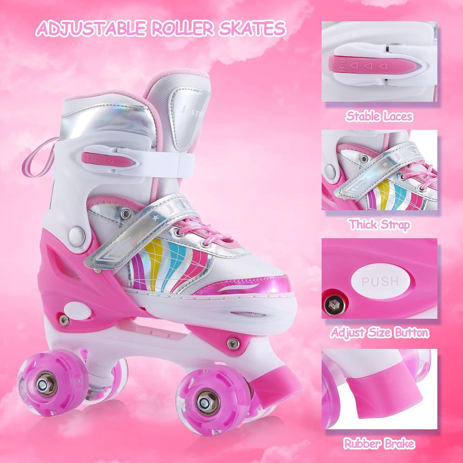 Kids Roller Skates Adjustable for Girls Boys Toddlers Youth, Pink 4 Size Adjustable Light up Roller Skates for Size 11J Todders to Size 7 Youth Women