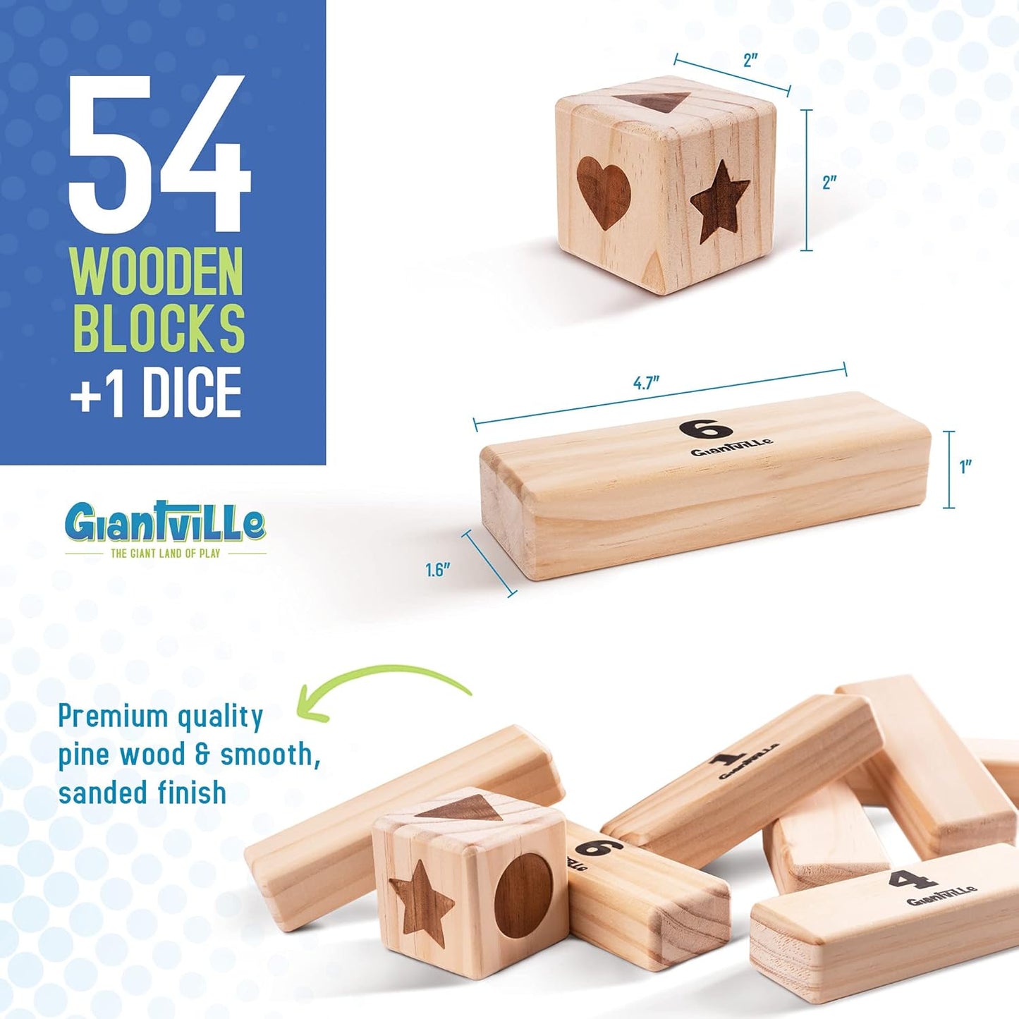 Giant Tumbling Timber Toy - Premium Pine Wood Life-Size Blocks Tower - Big Floor/Board Indoor/Outdoor Yard Game for Kids & Adults - 54-Pieces + Dice + Carry Bag - Grows to Almost 3-Feet