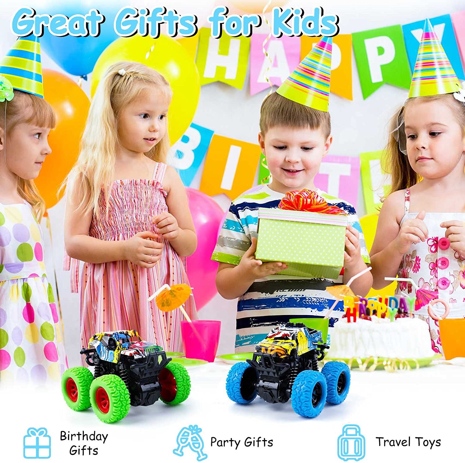 Monster Truck Toys for Ages 2-4, Friction Cars for Toddlers 1-3 Push and Go 360° Rotating Stunt Car for 2+ Year Old Boys Girls Gifts (2 Pack - Blue and Green)