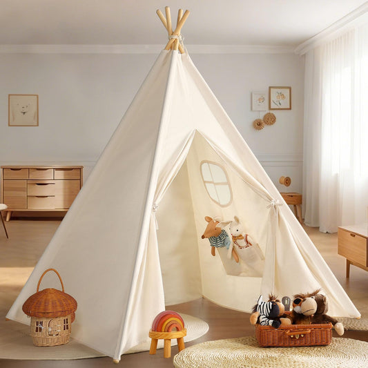 Teepee Tent for Kids Indoor - Natural Canvas Kids Play Tent - Washable Tipi Sleepover Tents with Lights & Carry Bag, Outdoor Toddler Tents for Girls & Boys - Foldable Playroom Gift Toys