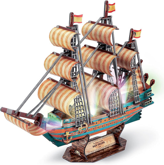 HUOQB LED the Spanish Armada Ship 3D Puzzles Vintage Modern Style Sailing Ship Model Kits,Diy Assemble Toy,Model Kit Desk Decor Sailboat Vesselfor Adults and Kids 146 Pieces