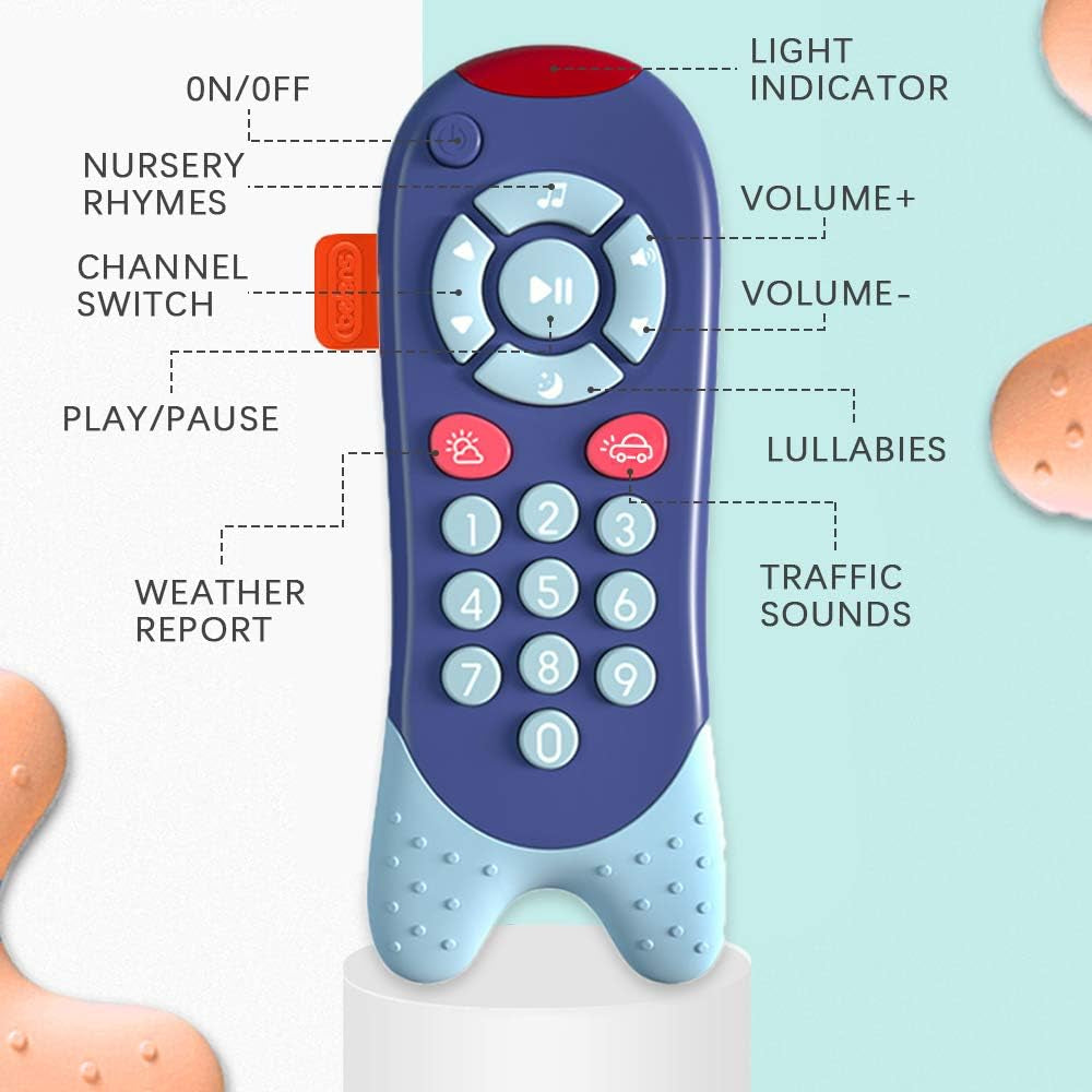 Musical TV Remote Toy for Toddlers, Educational Baby Remote Control Toy with Sound and Light, Electronic Baby Learning Toy Remote Control for 12+ Months Boys Girls, Blue