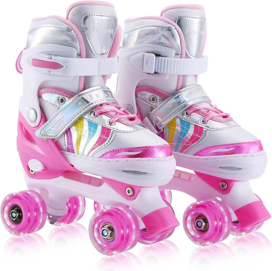 Kids Roller Skates Adjustable for Girls Boys Toddlers Youth, Pink 4 Size Adjustable Light up Roller Skates for Size 11J Todders to Size 7 Youth Women