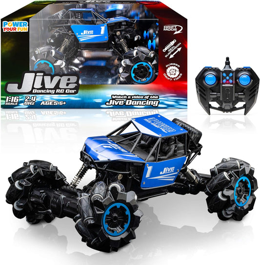 Jive RC Car - AWD Remote Control Monster Truck, 4X4 RC Truck, 1:16 Rechargeable Crawler Stunt Car Dancing Remote Control Truck for Kids with Rechargeable Toy Battery (Blue)