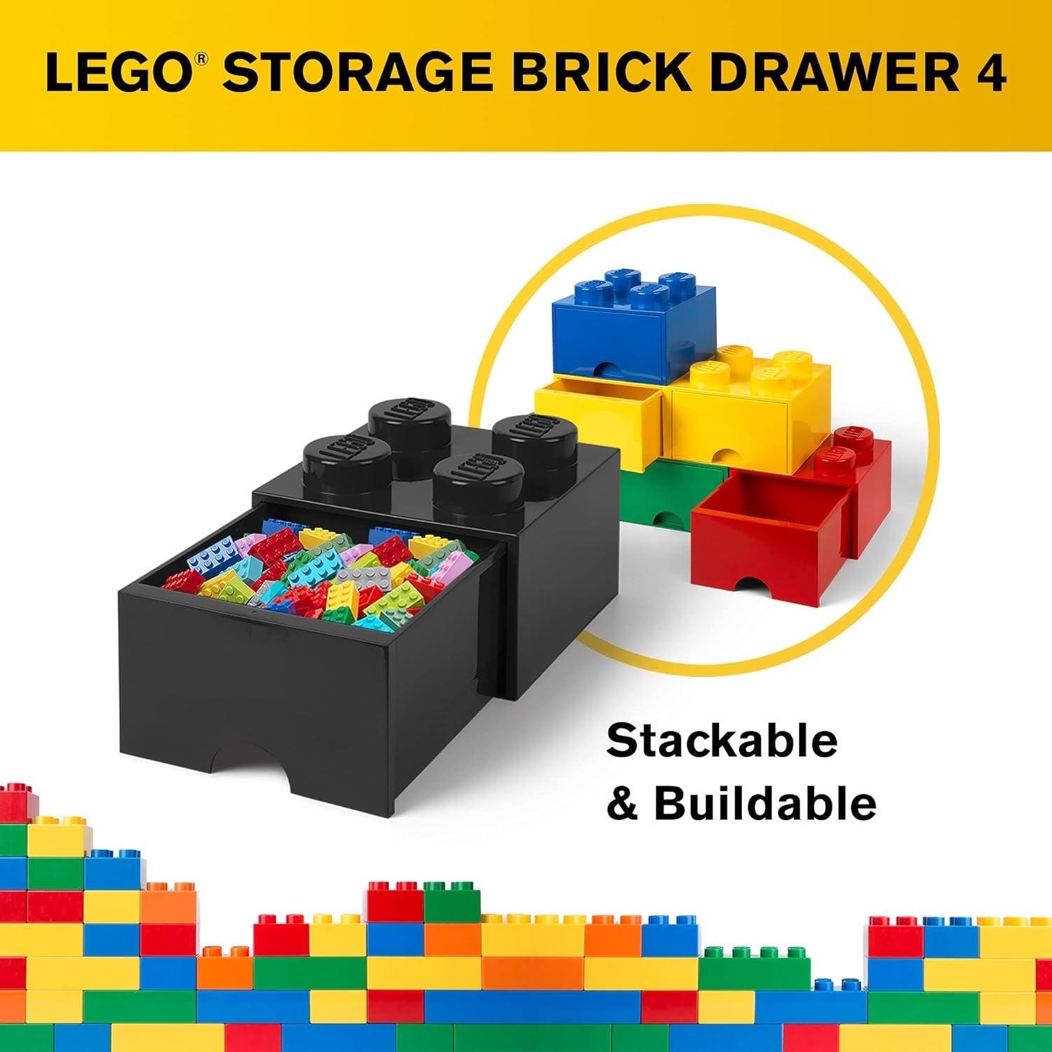 LEGO Brick Drawer, 4 Knobs, 1 Drawer, Stackable Storage Box, Black