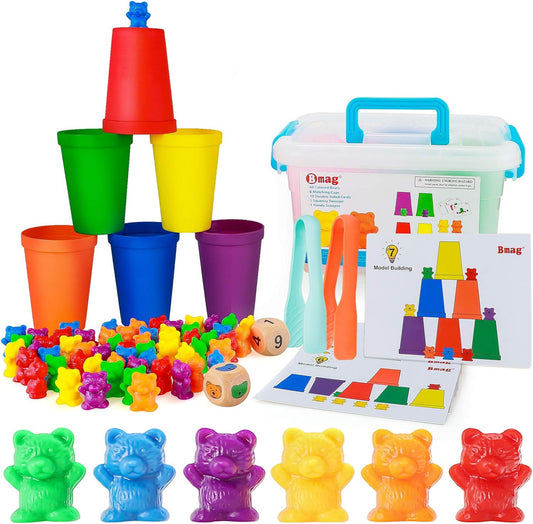 Counting Bears with Matching Sorting Cups,Pre-School Math Learning Games with 2 Dices,Color Recognition STEM Educational Toy for Toddler Bonus Tweezers, Storage Box, Activity Cards