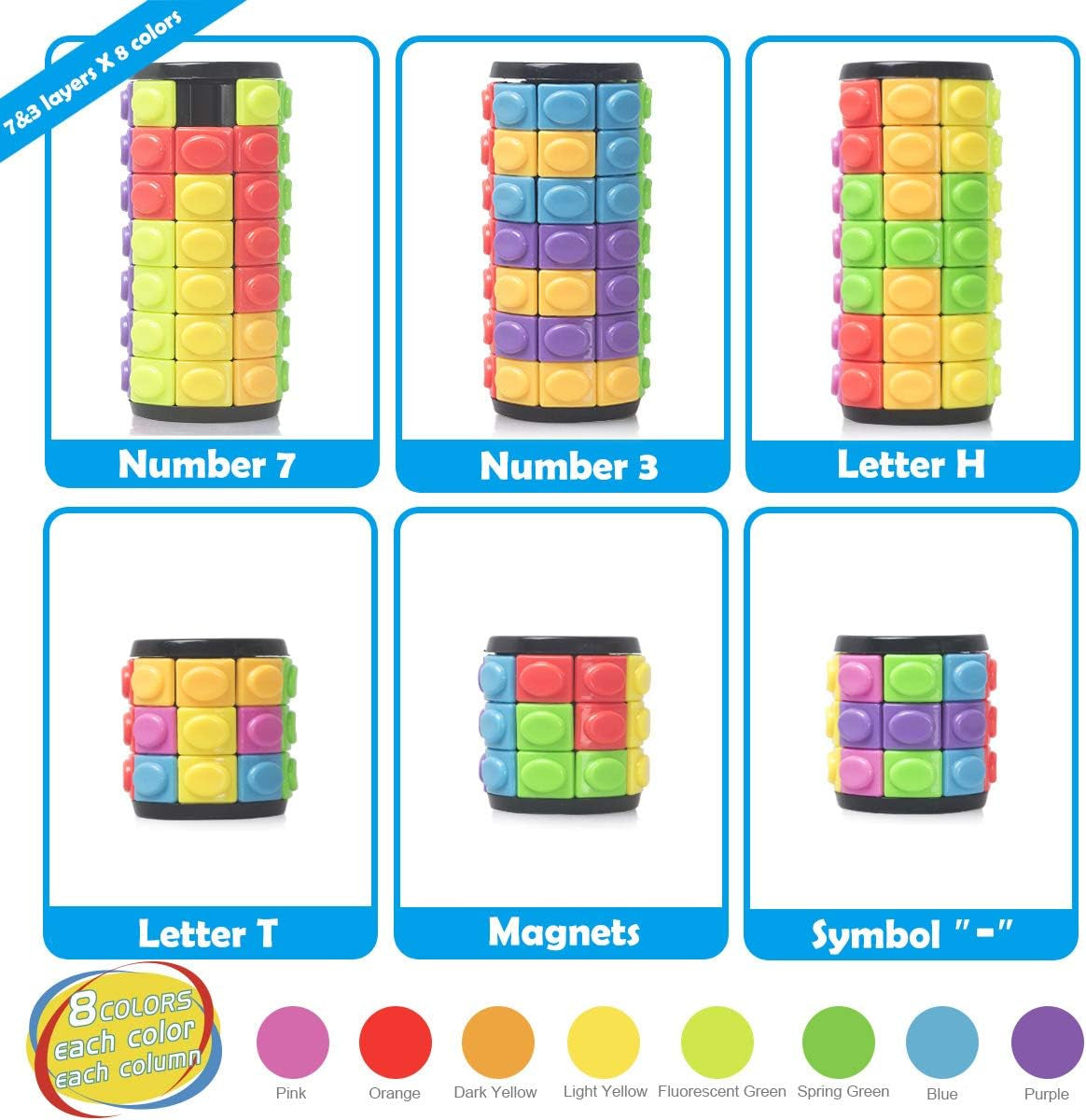 3D Puzzles Decompression Magic Cubes DIY Cylinder Puzzle Rotate and Slide Fidget Toy (3 Layers + 7 Layers)