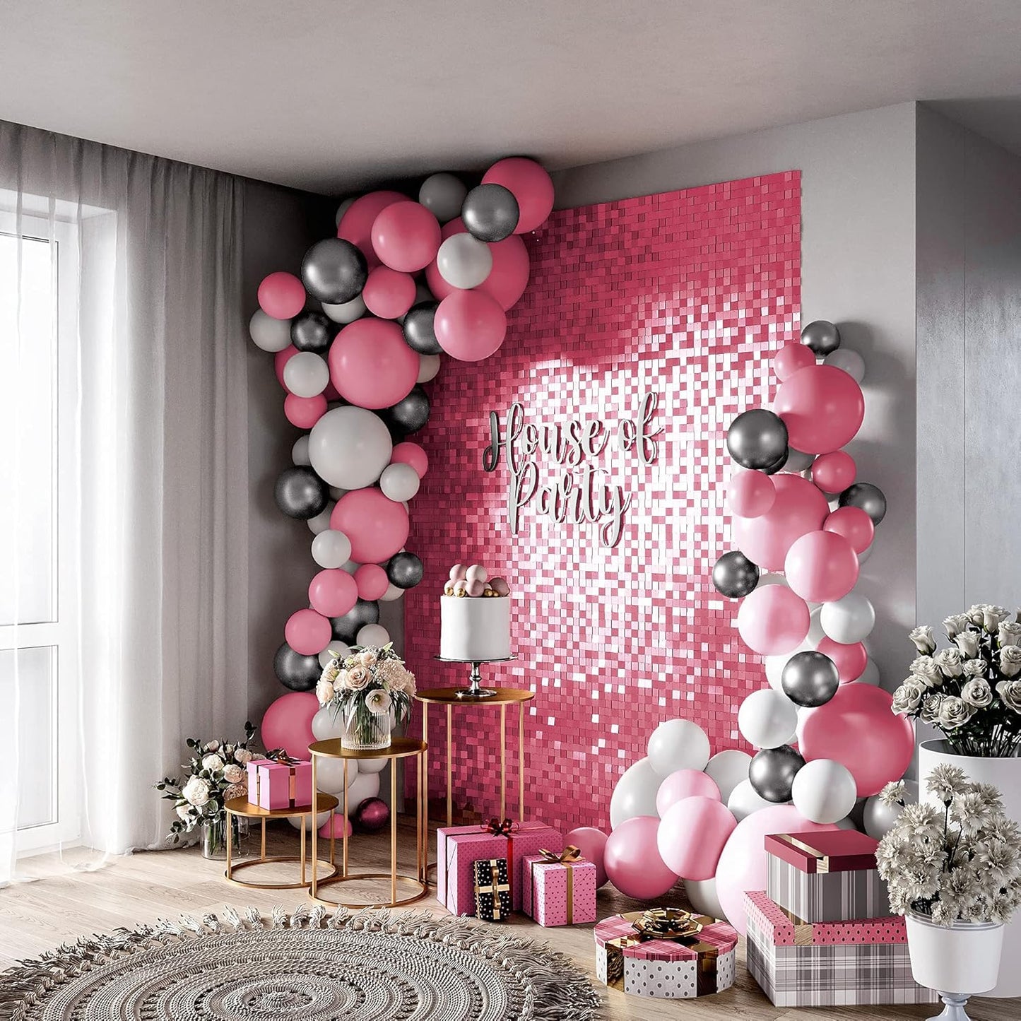 Pink Shimmer Wall Backdrop Panels - 24 Pcs | Valentine'S Day Square Sequin Backdrop, Shimmer Backdrop for Birthday, Wedding, Baby Shower, Bachelorette Party & Valentines Day Decorations