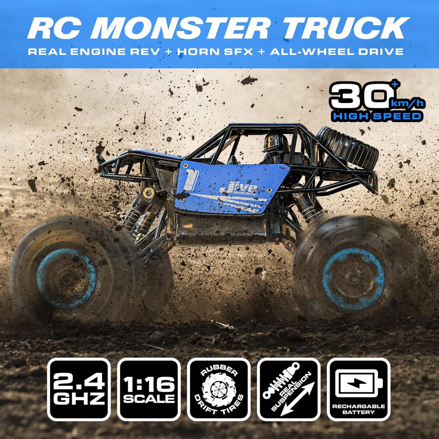 Jive RC Car - AWD Remote Control Monster Truck, 4X4 RC Truck, 1:16 Rechargeable Crawler Stunt Car Dancing Remote Control Truck for Kids with Rechargeable Toy Battery (Blue)