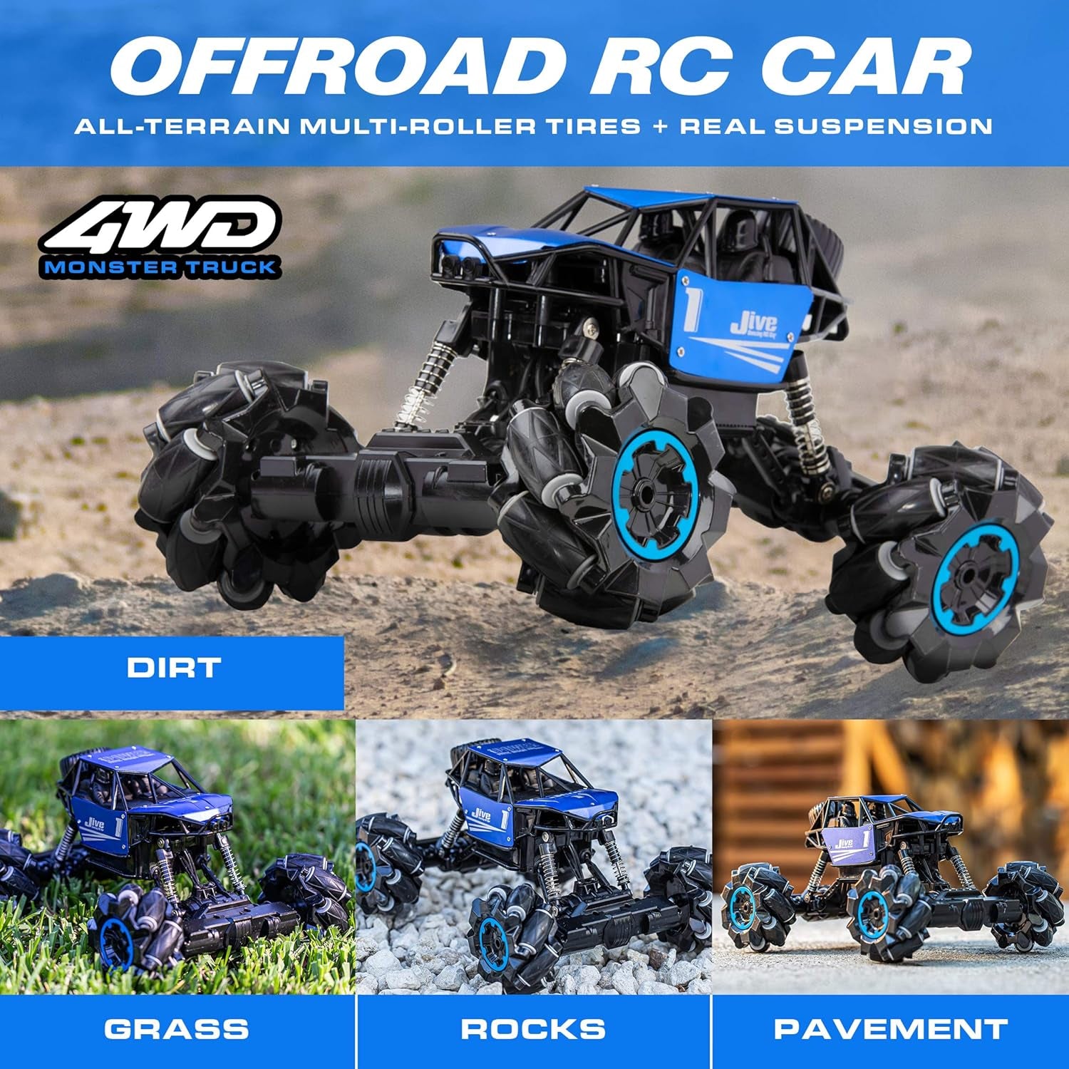 Jive RC Car - AWD Remote Control Monster Truck, 4X4 RC Truck, 1:16 Rechargeable Crawler Stunt Car Dancing Remote Control Truck for Kids with Rechargeable Toy Battery (Blue)