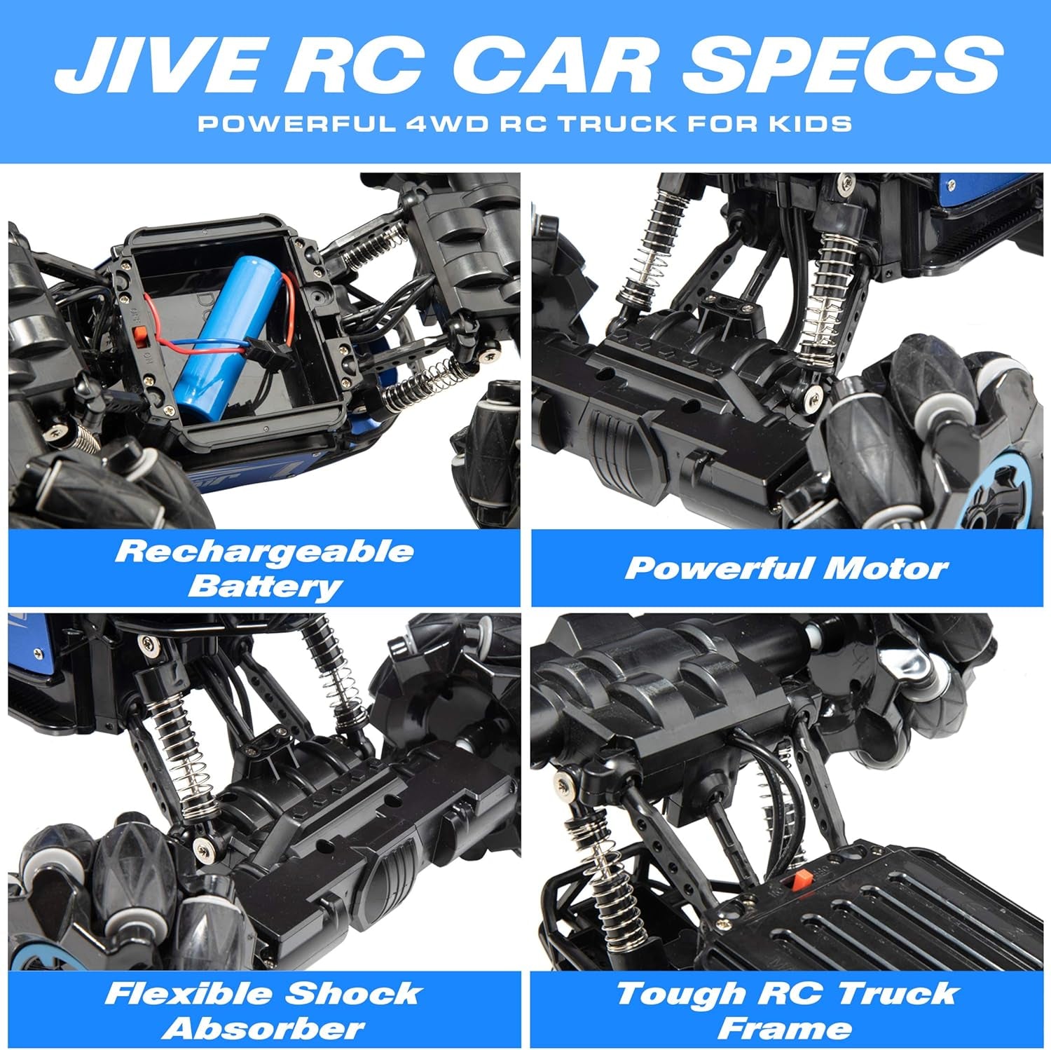 Jive RC Car - AWD Remote Control Monster Truck, 4X4 RC Truck, 1:16 Rechargeable Crawler Stunt Car Dancing Remote Control Truck for Kids with Rechargeable Toy Battery (Blue)