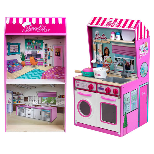 2 in 1 Barbie Toy Kitchen and Dollhouse for Kids 3 and Up