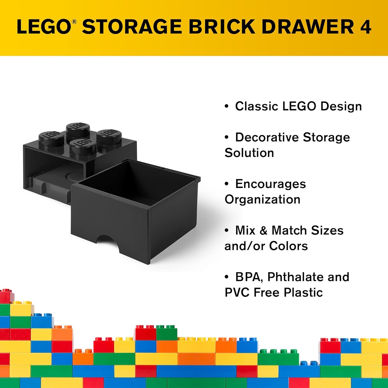 LEGO Brick Drawer, 4 Knobs, 1 Drawer, Stackable Storage Box, Black