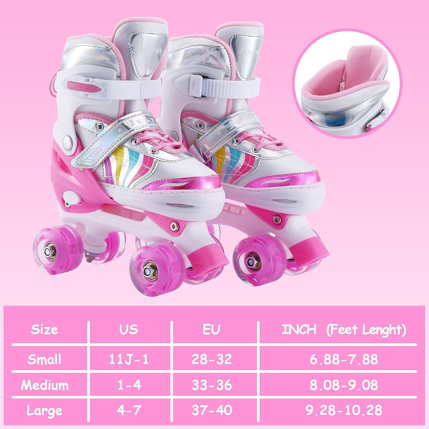 Kids Roller Skates Adjustable for Girls Boys Toddlers Youth, Pink 4 Size Adjustable Light up Roller Skates for Size 11J Todders to Size 7 Youth Women